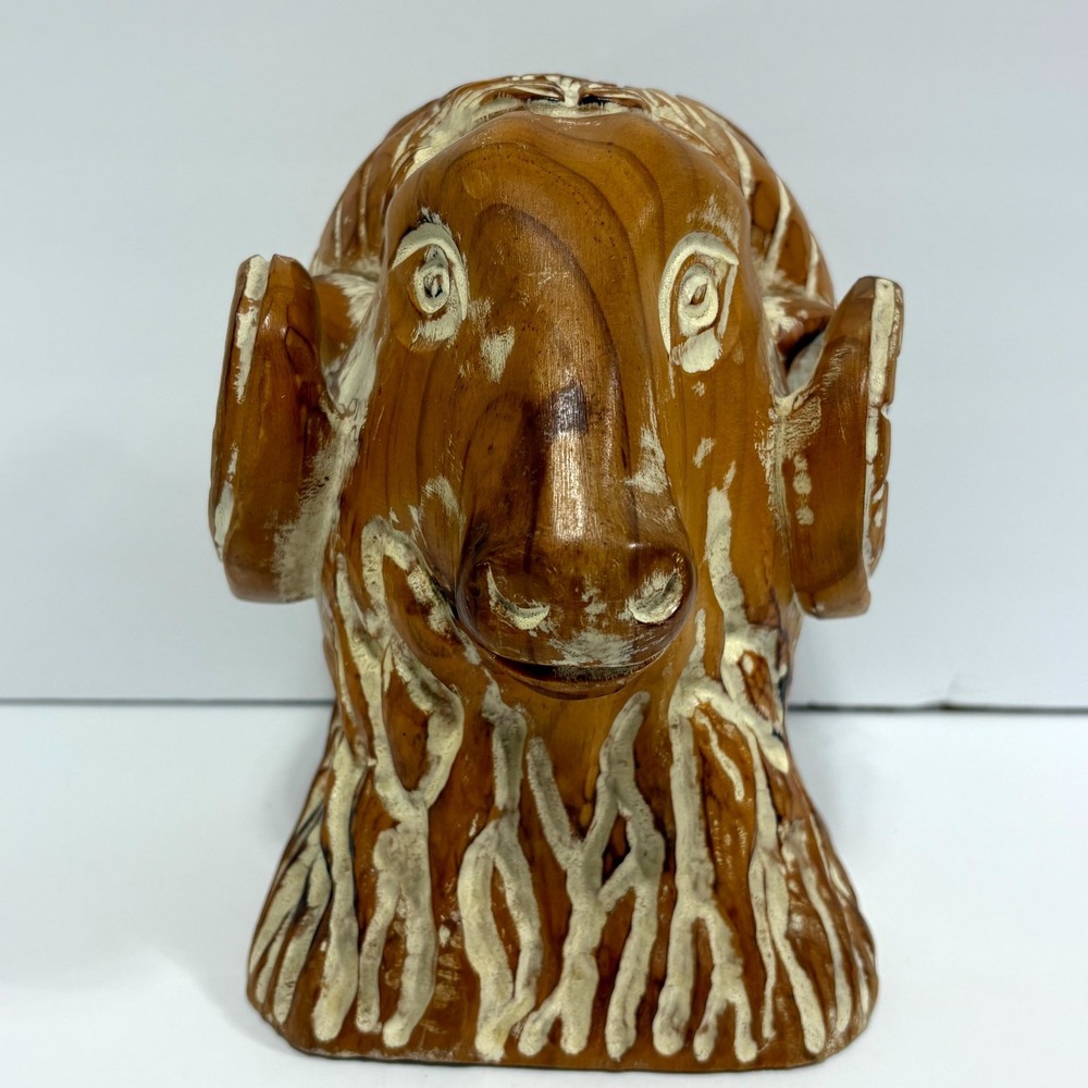 Vintage Sarreid‎ Ltd Hand-Carved Spanish Wooden Ram Head Bust Sculpture Figurine